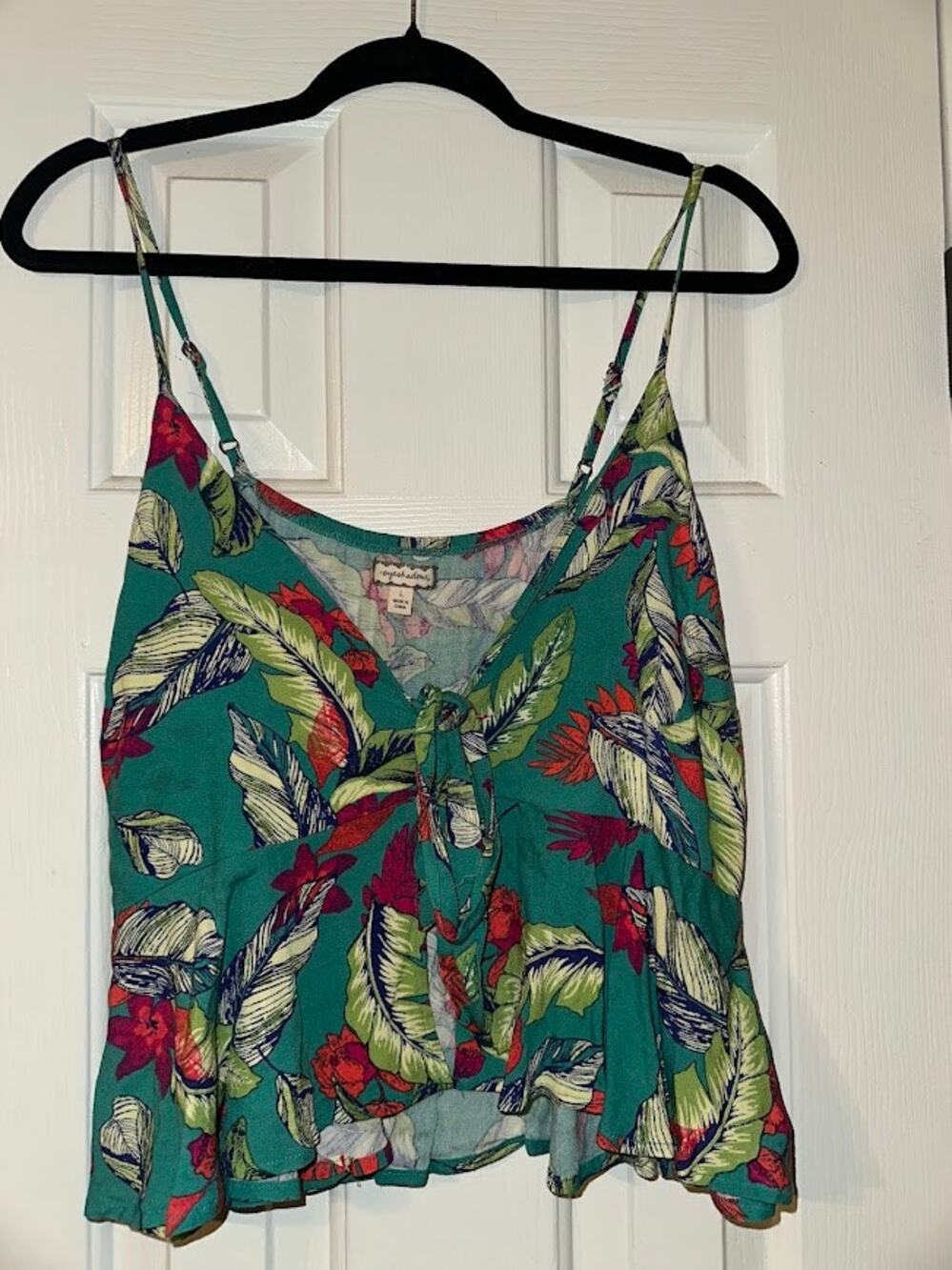 Tropical Floral Tie Front Crop Top Green